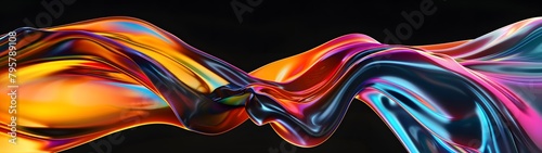 Vibrant Colorful Abstract Silk Fabric Wave on Black  ilk fabric flows gracefully against a stark black background  wide banner.