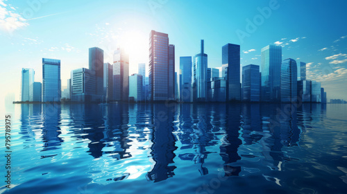 Serene cityscape with skyscrapers reflected on calm water during dawn