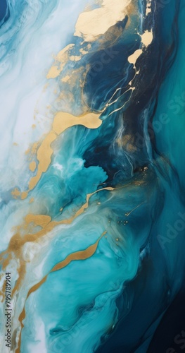 Blue and Gold Liquid Wave Wallpaper. Curve Mixed Blended Fluid Texture. Abstract Artistic Marvel in Fluid Patterns. Luxurious Design Aesthetic with Vibrant Textures