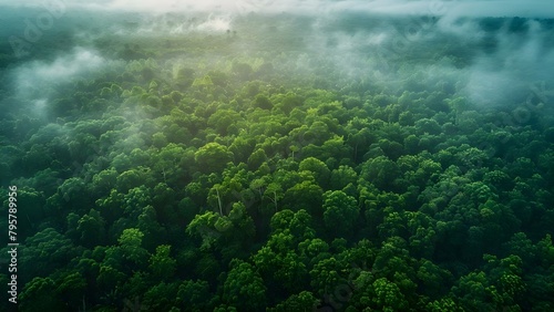 Aerial perspective of a lush forest with a focus on achieving net zero emissions. Concept Forest Conservation, Aerial Photography, Sustainability, Net Zero Emissions, Lush Greenery photo