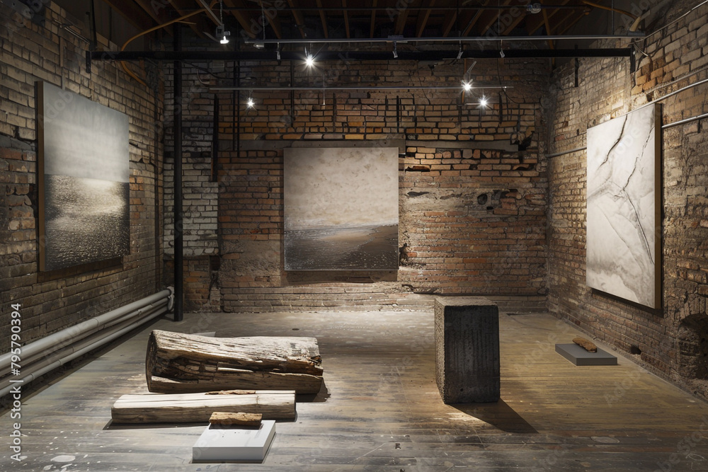 Minimalist art installations displayed against rustic brick walls, inviting contemplation and reflection. Minimalist art installations displayed against rustic brick walls, inviting contemplation and reflection.