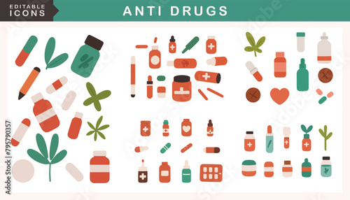 Modern Health Icons - Anti-Drug Themed Collection of Illustrations.