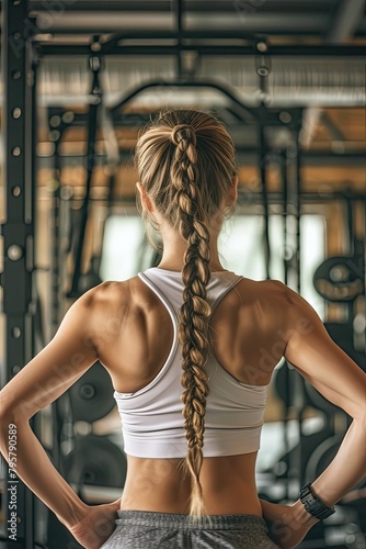 Back view of sporty young woman with braided hair in gym