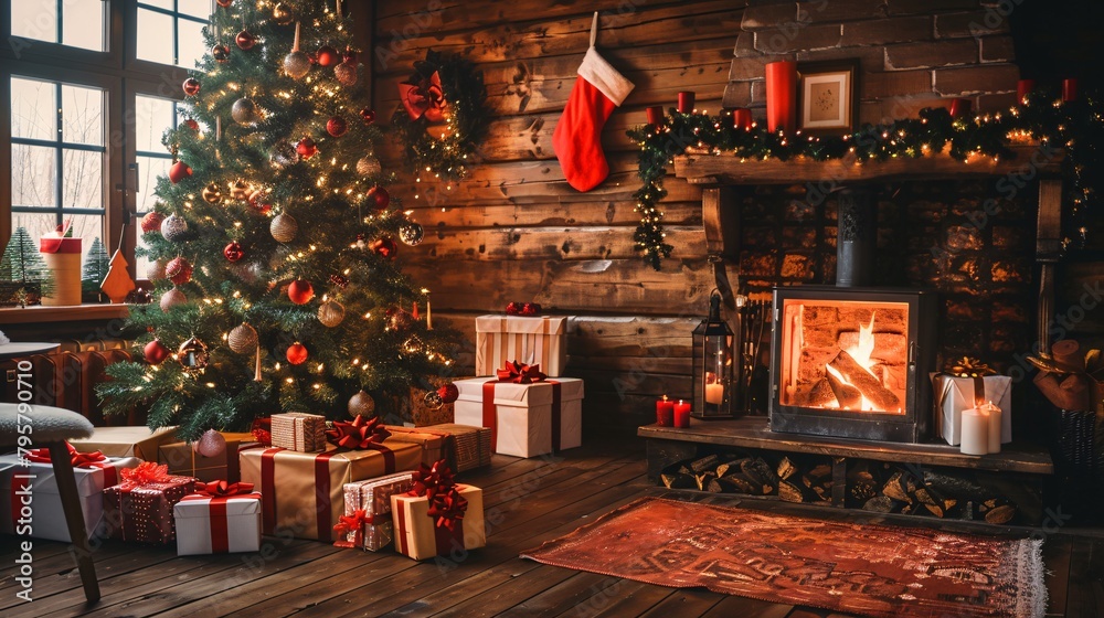 a christmas tree with presents and a fireplace in a room