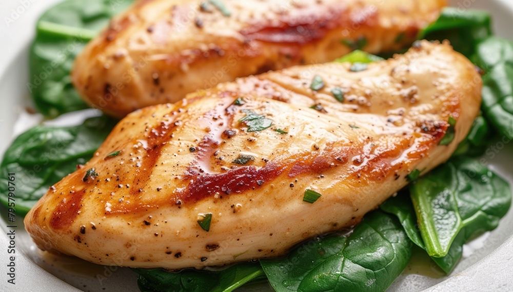 Tasty grilled chicken fillet with spinach on plate, closeup Tasty grilled chicken fillet with spinach on plate, closeup