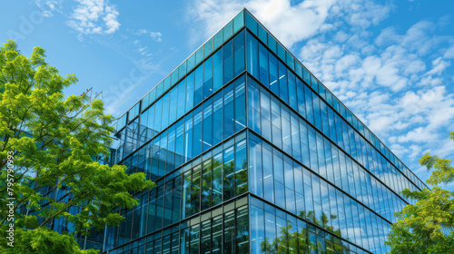 Contemporary glass office building with lush green trees and a clear blue sky