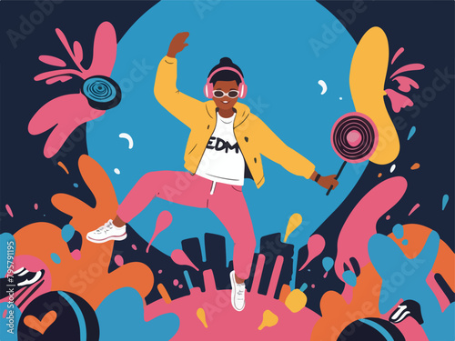 Rhythmic Jumping - Exciting EDM Waves with Enthusiastic Personnel. Flat Vector Illustration. EPS 10.