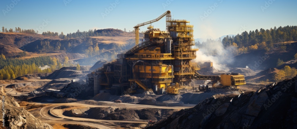 Coal mining in the mountains. Panoramic view of coal mine.
