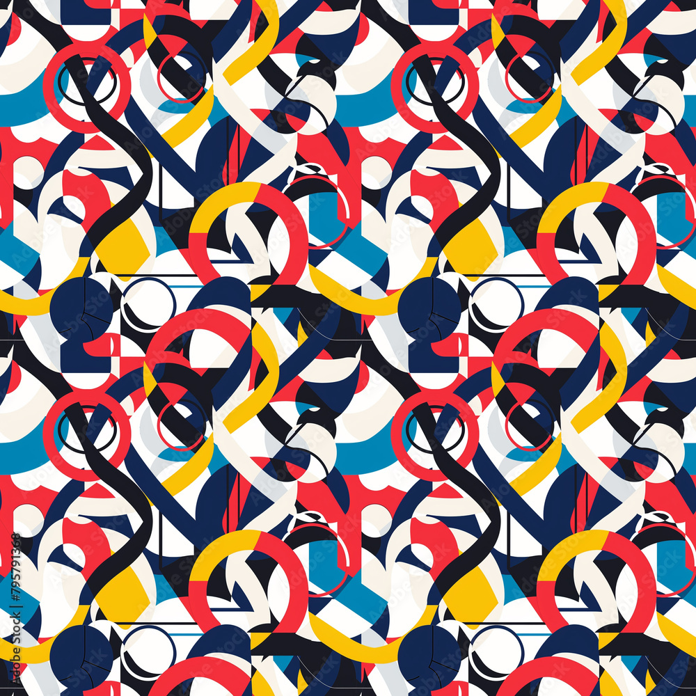 Obraz premium A colorful and energetic seamless background illustration depicting athletes from various Olympic sports like sprinting, swimming, and gymnastics