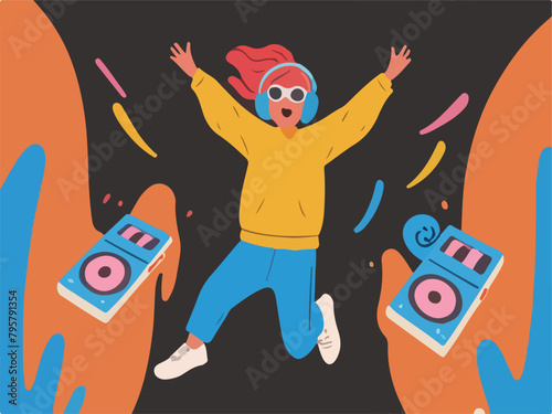 Rhythmic Jumping - Exciting EDM Waves with Enthusiastic Personnel. Flat Vector Illustration. EPS 10.