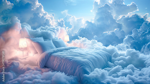 bed stand in a fluffy clouds in the sky symbolic for good sleep