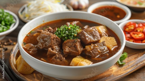 Bowl of stew on wooden tray