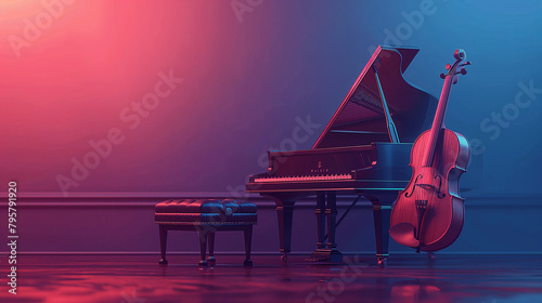Illustration of two musical instruments a cello and a piano in a concert room ready for an audio visual performance