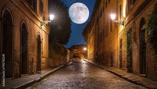 Eternal City's Glow: Streetlights in Ancient Rome on Moonlit Night