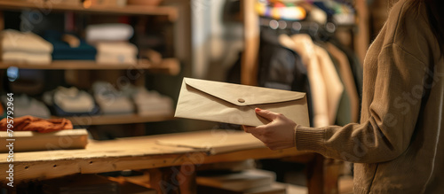 Female hands holding envelope at rustic wooden table background, cardboard packages and clothes. Craft packaging concept for delivery of handmade goods, copy space.