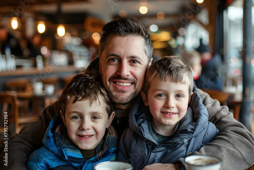 A happy smiling dad with two sons in a cafe looking at the camera  celebrating family day and father s day.