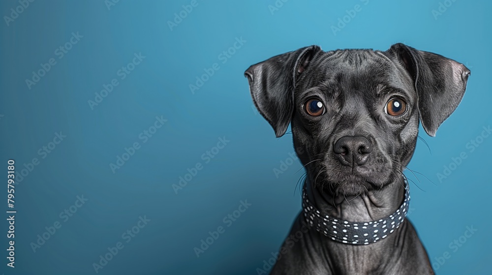 Portrait of a black great Dane dog with a blue background with copy space Portrait of a black great Dane dog with a blue background with copy space