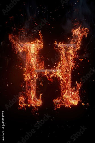 Fire font alphabet H made of burning fire letter on black background