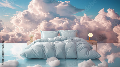 bed stand in a fluffy clouds in the sky symbolic for good sleep