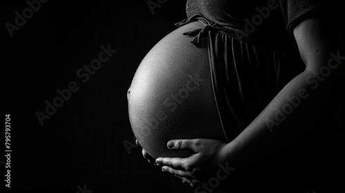 Woman Holding Her Belly, Black and White, Generative AI