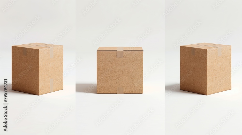 3 cardboard boxes, white background, studio shot 3 cardboard boxes, white background, studio shot