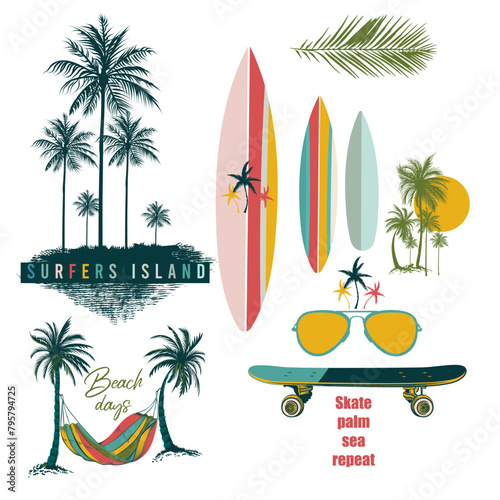 Collection of vector elements palm trees, skateboard,sunglasses and surfboards