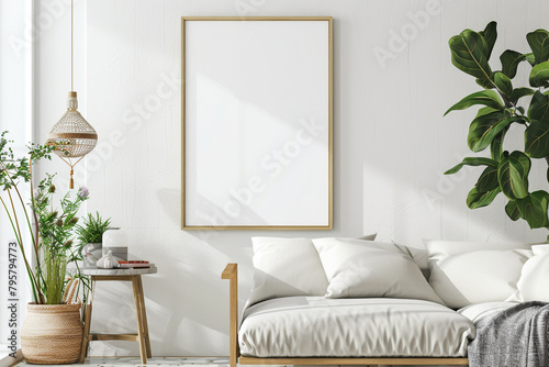 Modern mockup poster frame blending seamlessly into chic Scandinavian interior, exuding minimalist elegance. photo
