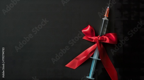 A red ribbon and syringe on a black background symbolizing hiv awareness