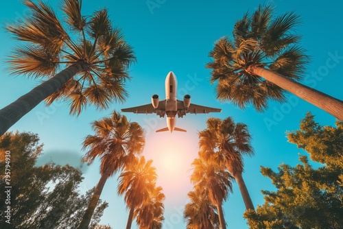 Airplane flying above palm trees in clear sunset sky © Тамара Печеная