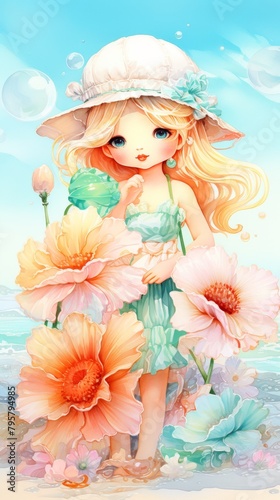 Illustration of a girl with large eyes, blonde hair and hat, wearing  turquoise dress, surrounded by oversized soft pink flowers and bubbles. Fantasy and summer concept