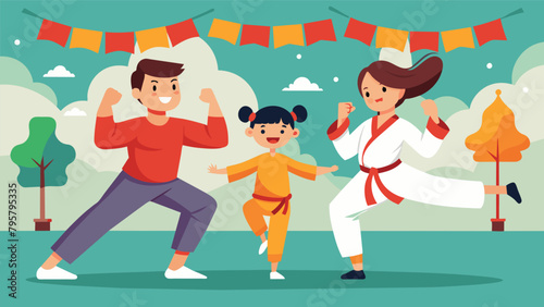 A family of three performing a martial arts demonstration at a local festival their synchronized kicks and punches showcasing their strong