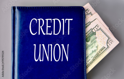 CREDIT UNION - words on a blue book on a gray background with banknotes photo