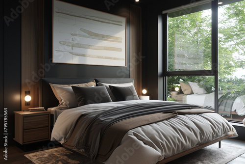 Serene bedroom interior featuring a king size bed, bedside table, and a large window set in a modern black wall, complemented by a horizontal poster above the bed.