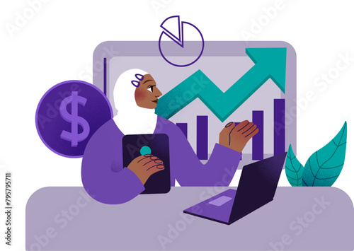 Female financial analyst holding  touch pad studying documents standing against financial charts. 