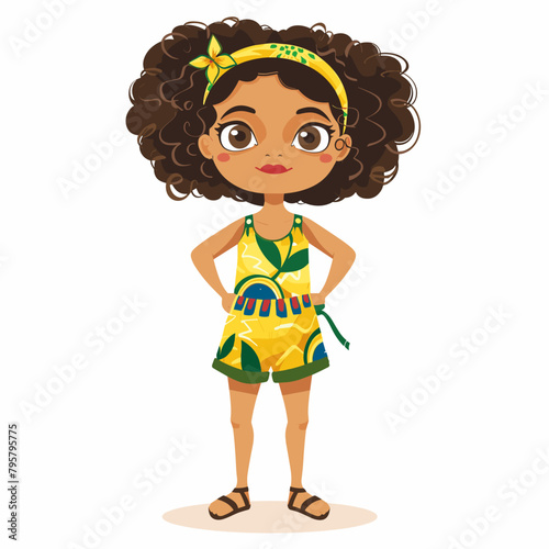 A young girl with curly hair and a yellow dress stands with her arms crossed from Brazil