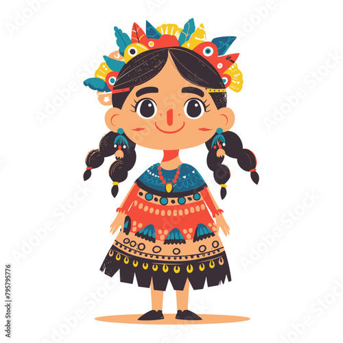 A girl from Mexica wearing a colorful dress and a flower headband
