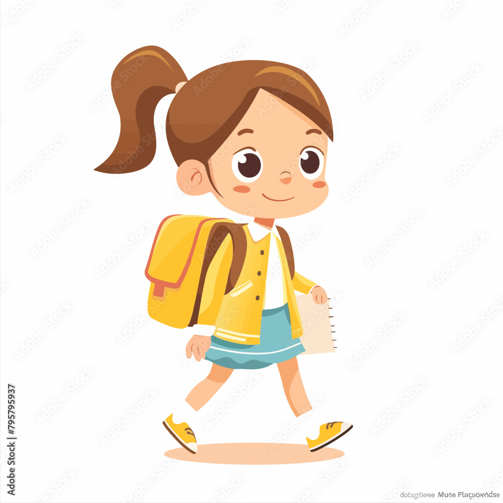 A girl is walking with a yellow backpack and a blue skirt