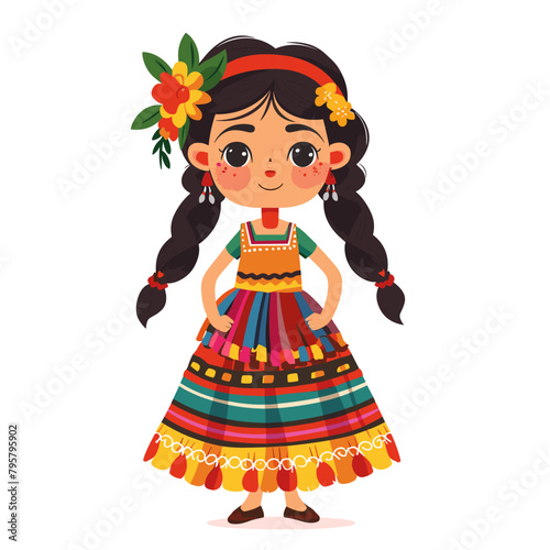 A girl from Mexica in a colorful dress with flowers in her hair
