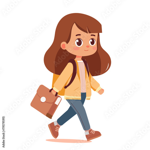 A girl is walking with a backpack and a brown briefcase