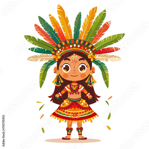 A girl wearing a colorful headdress and dress from Mexica