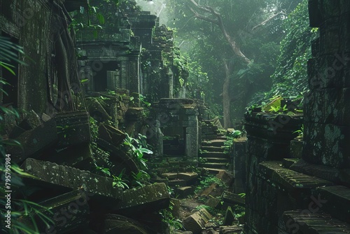 mysterious ancient stone ruins in dense jungle archaeological discovery concept © Lucija