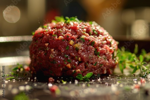 Artisanal Tartare Seasoned with Fresh Herbs, Spices and a Hint of Lime on Slate