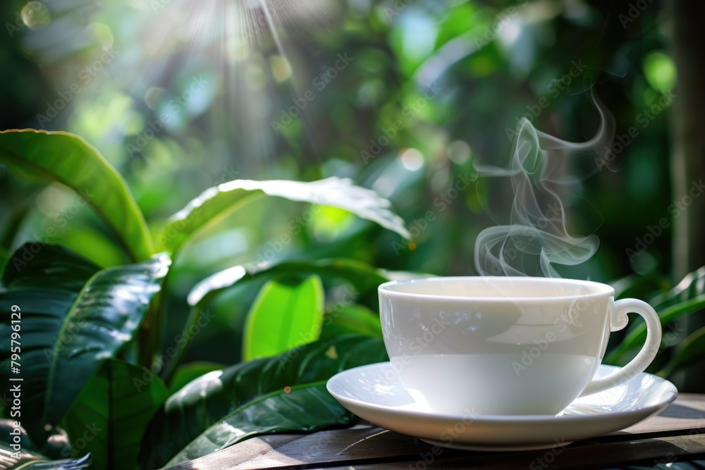 Steaming cup of coffee in the sunlight on a wooden surface surrounded by green foliage in a serene setting Steaming cup of coffee in the sunlight on a wooden surface surrounded by green foliage in a serene setting