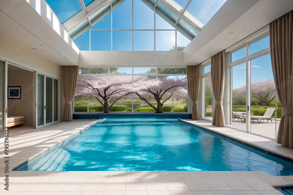 Indoor large modern swimming pool in a house or villa or holiday complex with large panoramic windows with a view of cherry blossoms