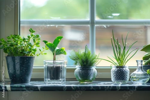 Assorted potted plants on a sunlit window sill including basil and mint in an indoor gardening concept