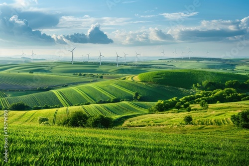 Panoramic view of a lush green field with wind turbines under a blue sky, showcasing renewable energy