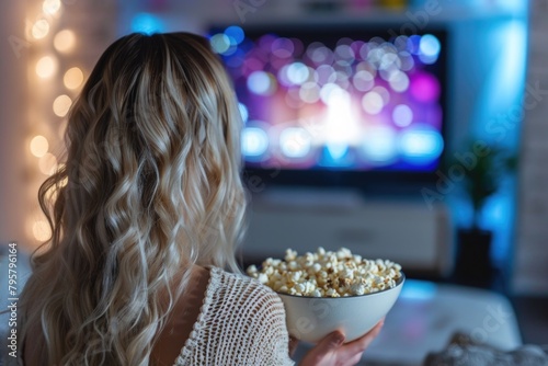 Blonde Woman Enjoying Movie Night at Home with Warm Popcorn During Christmas Season