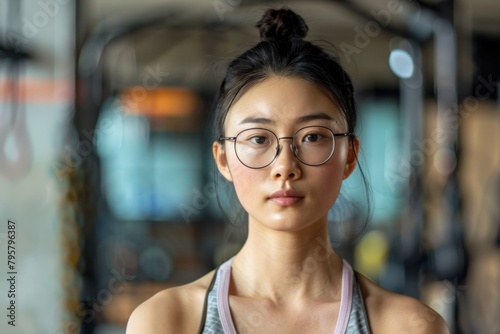 Close-up of a confident woman in a tank top and round glasses, standing in a gym with a reflective look