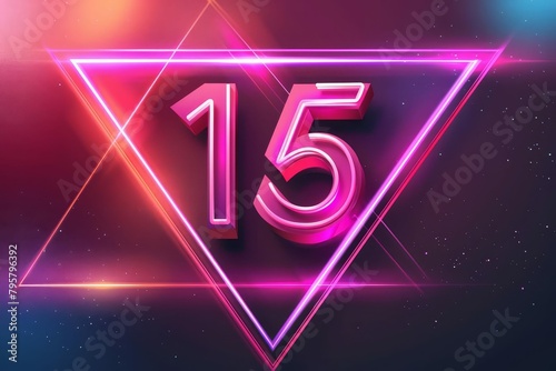 neon number 15 inside retro style triangle border vivid birthday party poster design photo