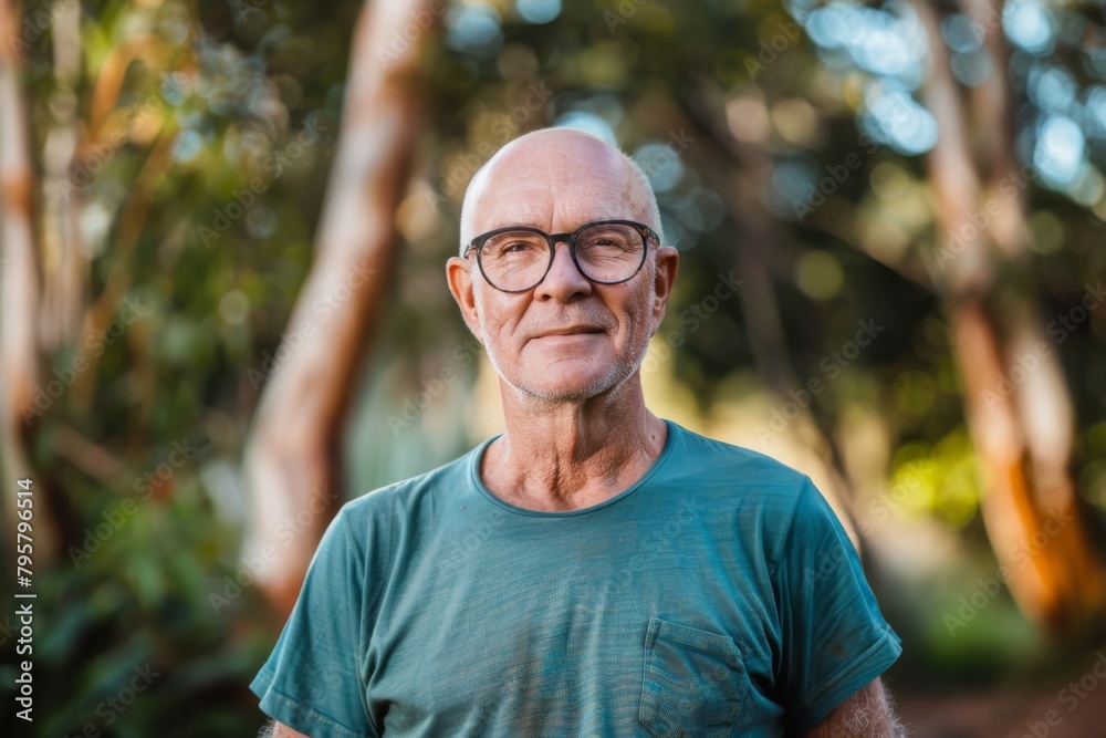 Cheerful elderly man with glasses and arms crossed stands outdoors in a natural setting